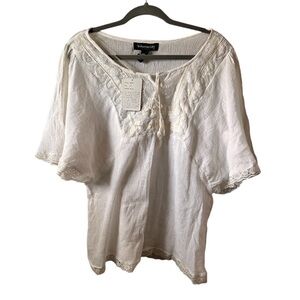 Bohemian Cafe Boho NWT White Blouse Gause Lace Yoke Tie Neck Hippie 1X Sheer